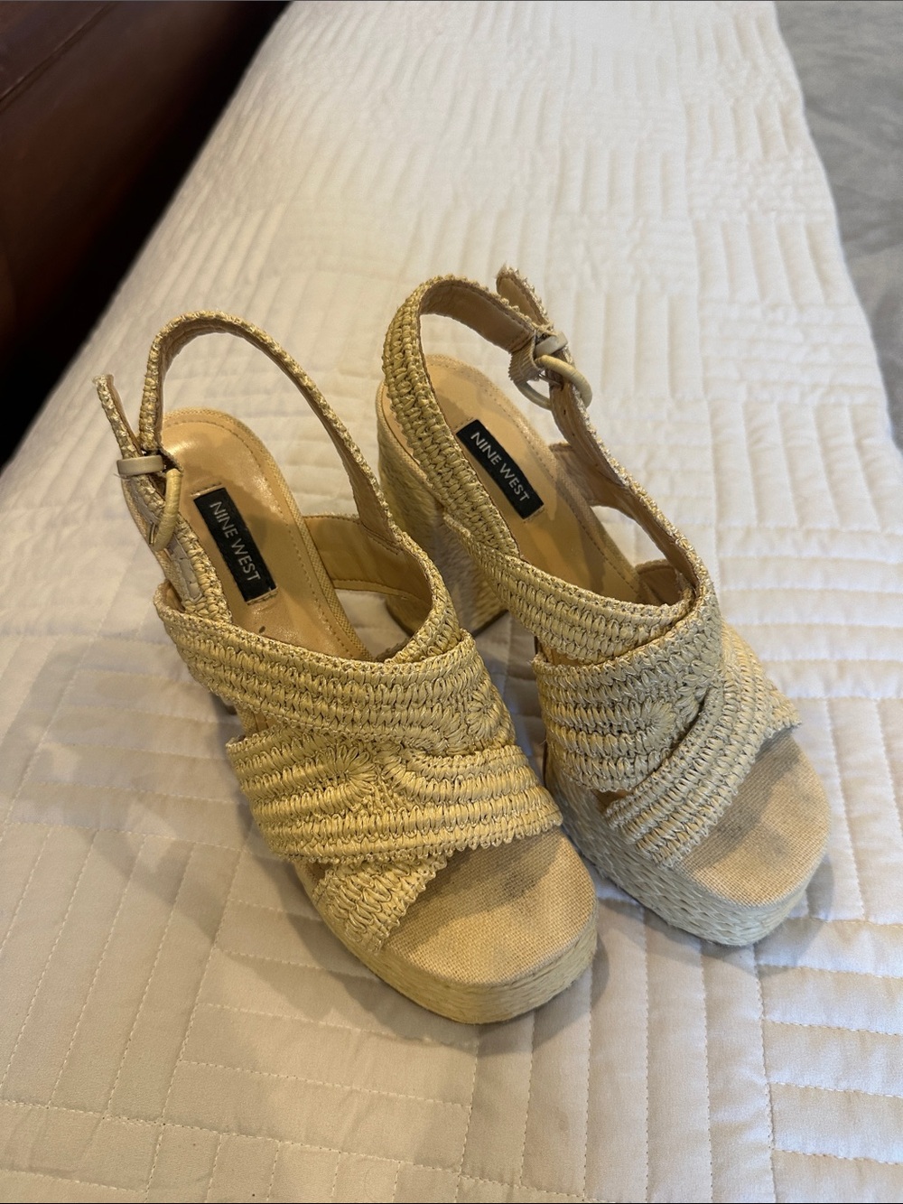 Nine West Natural Woven Platform Slingback Wedges 7.5